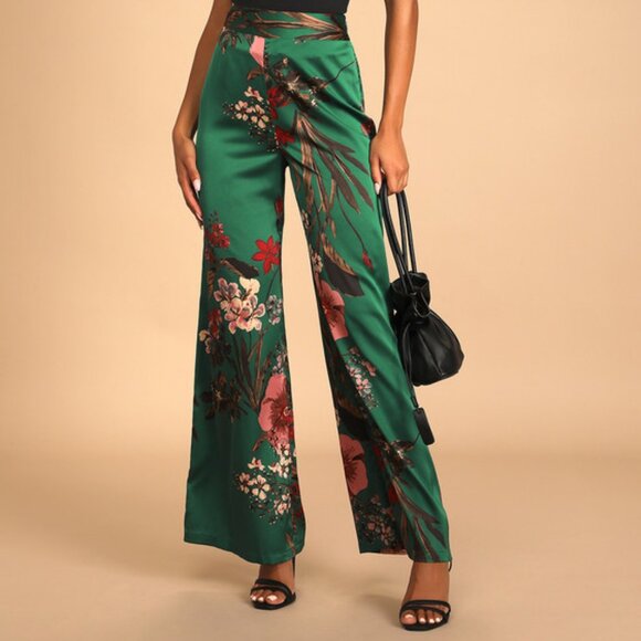 Lulus Thriving Vibes Green Floral Print Satin Wide-leg Pants - Size L - Picture 1 of 1